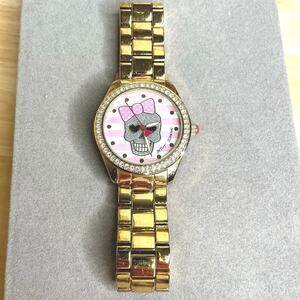Betsey Johnson Sugar Skull Face Gold Tone Sparkly Pink Tones Bracelet Watch